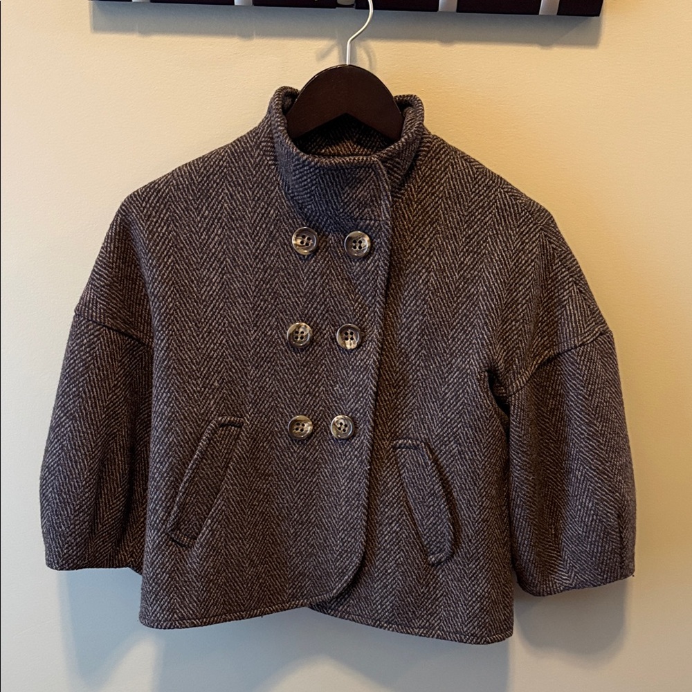 BCBG MAX AZRIA MAHOGANY 3/4 SLEEVE WOOL Crop Wool JACKET Button Pocket Snap